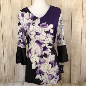 NWT Alfani Purple White Top 3/4 Bell Sleeve Sz Med